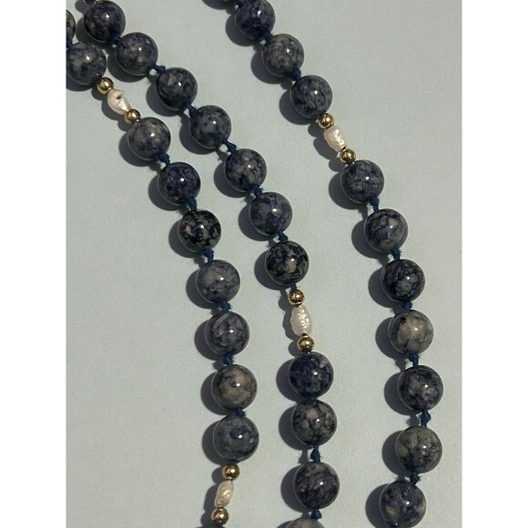 Blue Stone Bead Necklace With Fresh Water Pearl Accents 36” - Picture 6 of 6
